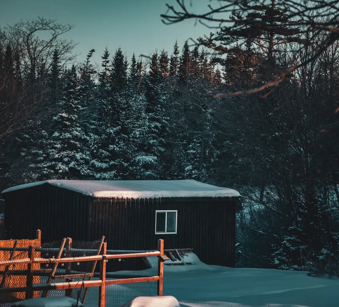 A glass-fronted outdoor sauna glowing at dusk
